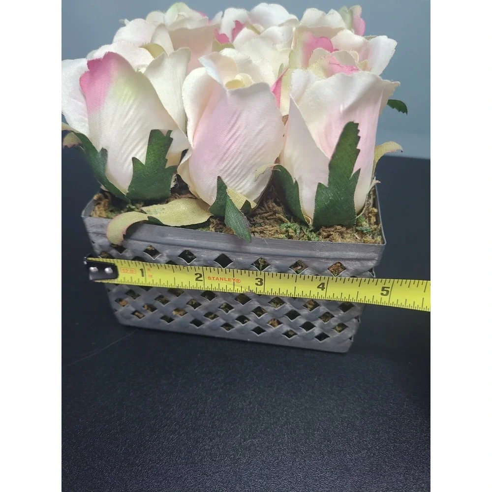 Vintage Artificial 9‎ Pink Roses Arrangement In Metal Basket
